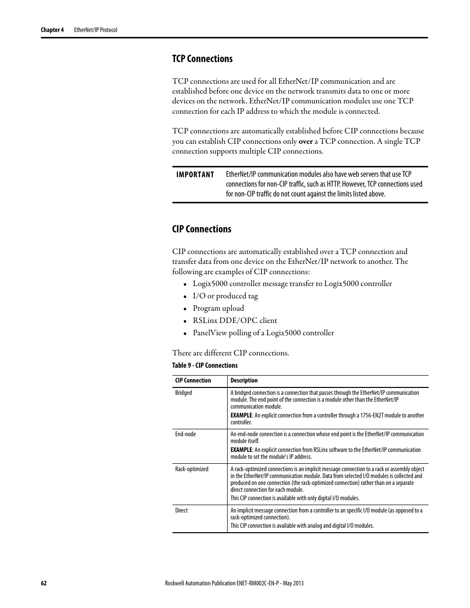 Tcp connections, Cip connections, Tcp connections cip connections | Rockwell Automation Ethernet Design Considerations Reference Manual User Manual | Page 62 / 106