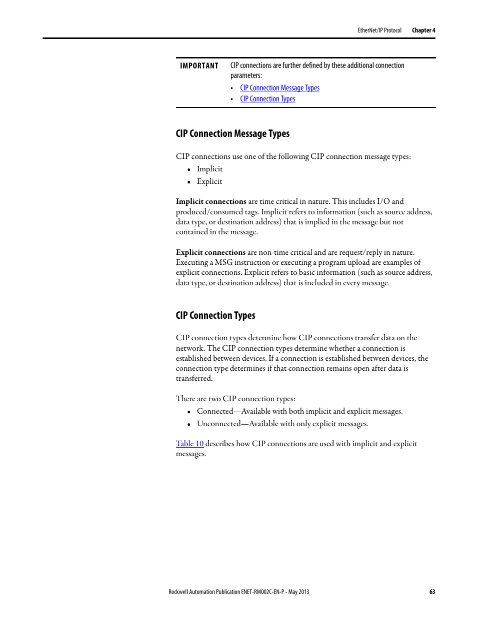 Cip connection message types, Cip connection types, Cip connection message types cip connection types | Rockwell Automation Ethernet Design Considerations Reference Manual User Manual | Page 63 / 106