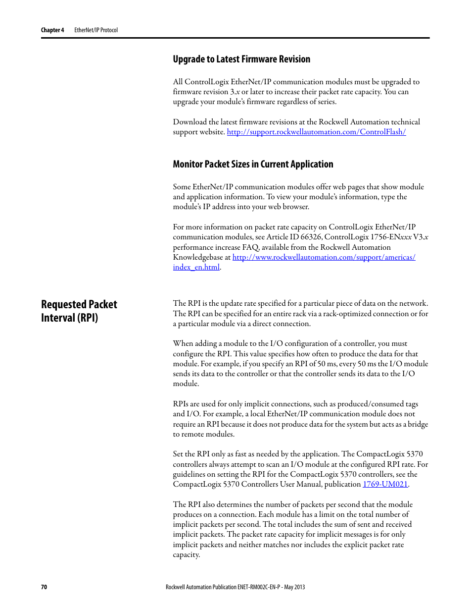 Upgrade to latest firmware revision, Monitor packet sizes in current application, Requested packet interval (rpi) | Rockwell Automation Ethernet Design Considerations Reference Manual User Manual | Page 70 / 106