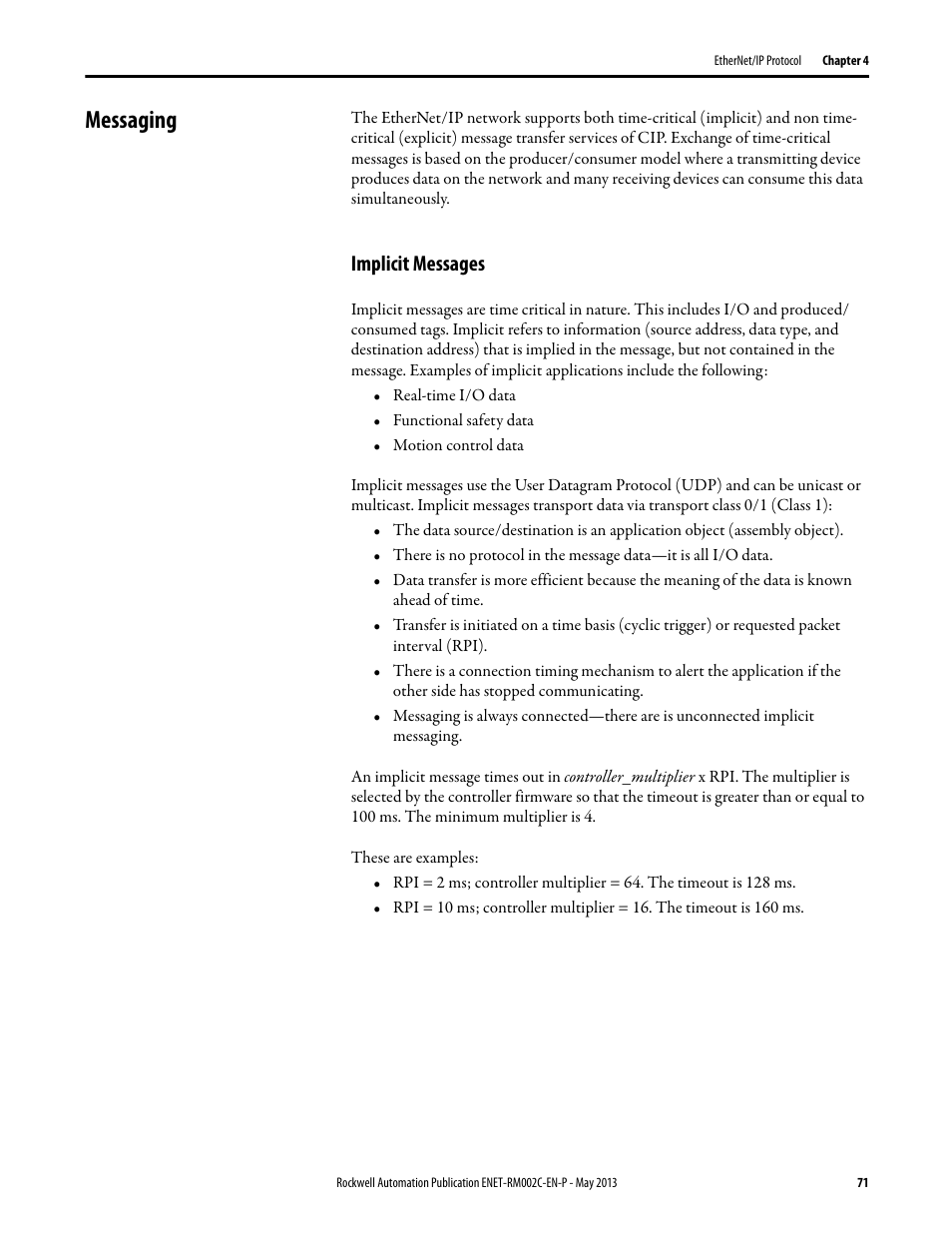 Messaging, Implicit messages | Rockwell Automation Ethernet Design Considerations Reference Manual User Manual | Page 71 / 106