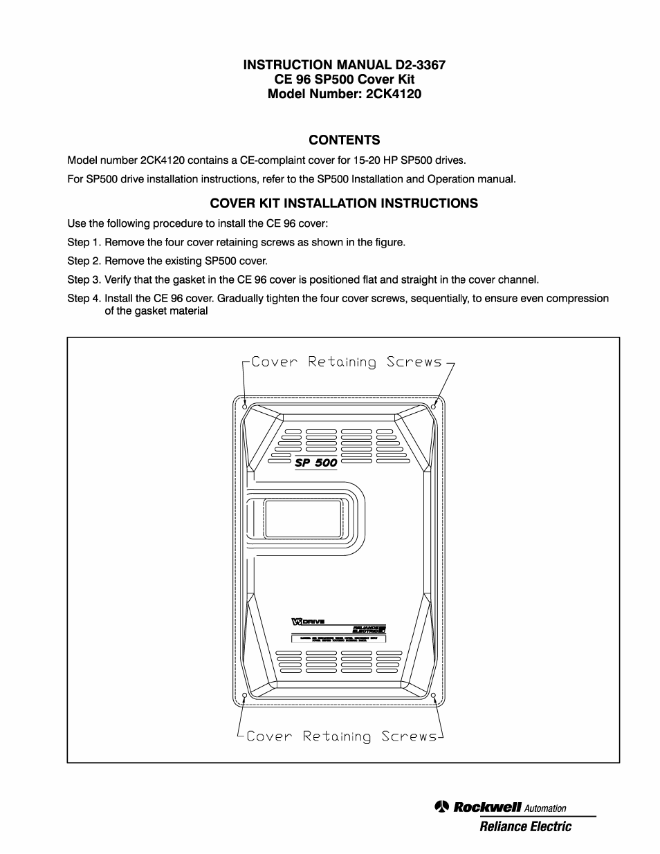 Rockwell Automation SP500  CE 96 Cover Kit, Model Number 2CK4120 User Manual | 2 pages