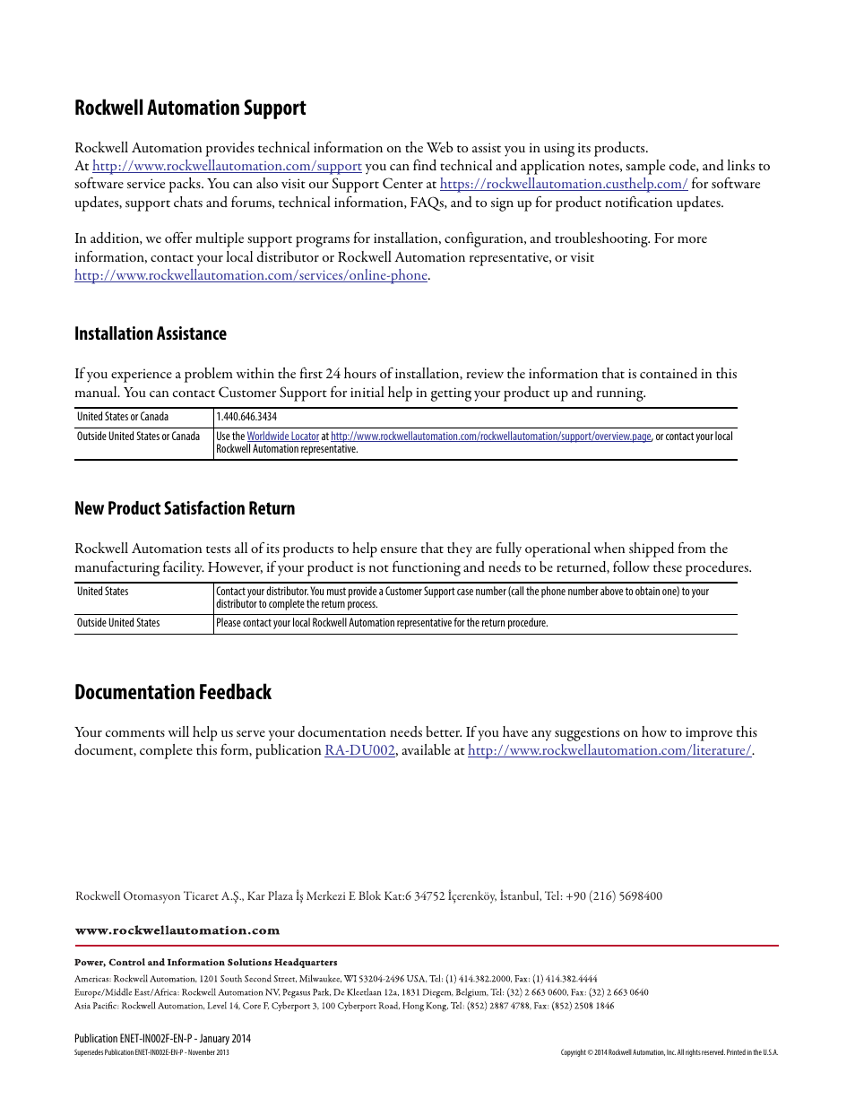 Ethernet/ip modules, Rockwell automation support, Documentation feedback | Installation assistance, New product satisfaction return | Rockwell Automation 1756-Enxxx_Ewxxx EtherNet/IP Modules Installation Instructions User Manual | Page 104 / 104