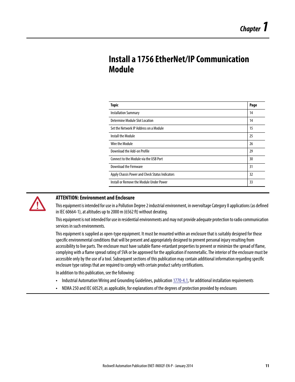 Chapter 1, Install a 1756 ethernet/ip communication module, Chapter | Rockwell Automation 1756-Enxxx_Ewxxx EtherNet/IP Modules Installation Instructions User Manual | Page 11 / 104