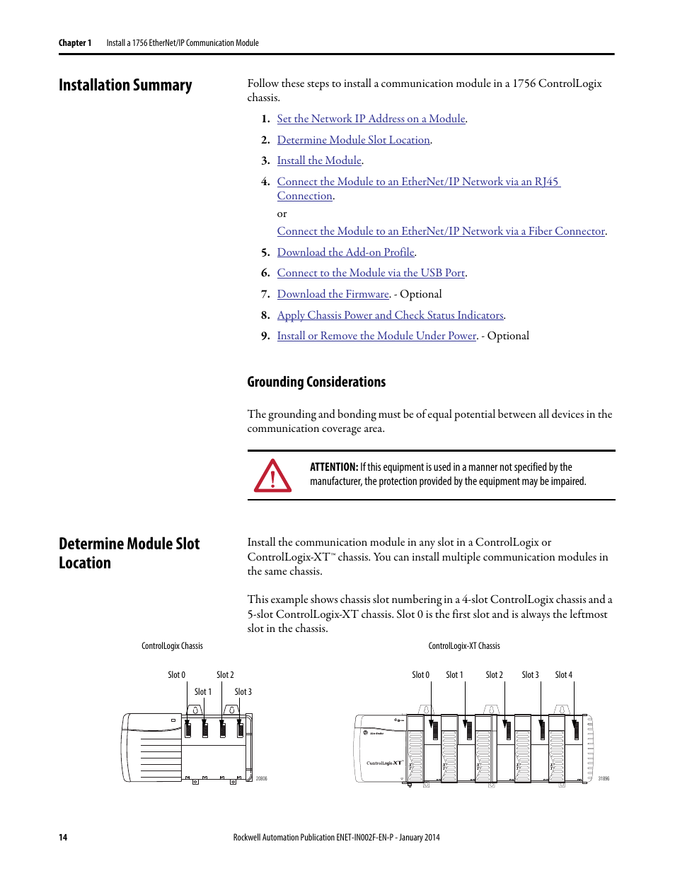 Installation summary, Grounding considerations, Determine module slot location | Rockwell Automation 1756-Enxxx_Ewxxx EtherNet/IP Modules Installation Instructions User Manual | Page 14 / 104