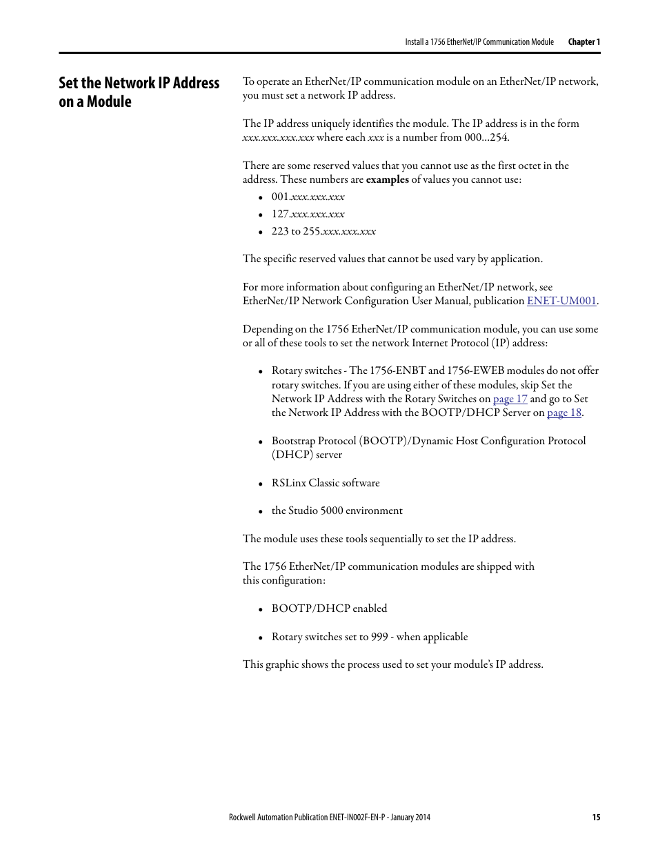 Set the network ip address on a module | Rockwell Automation 1756-Enxxx_Ewxxx EtherNet/IP Modules Installation Instructions User Manual | Page 15 / 104