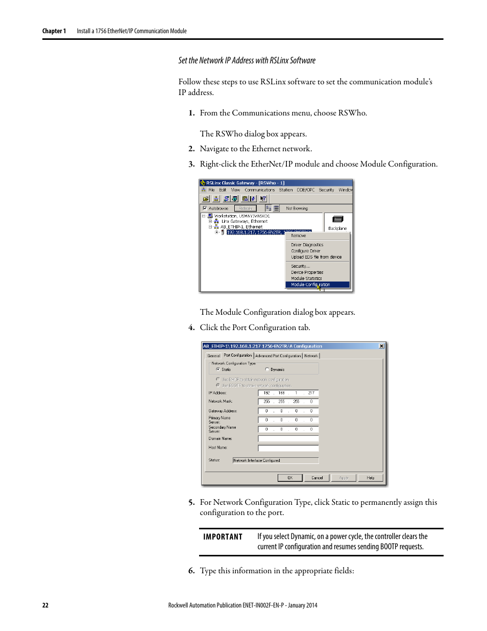 Rockwell Automation 1756-Enxxx_Ewxxx EtherNet/IP Modules Installation Instructions User Manual | Page 22 / 104