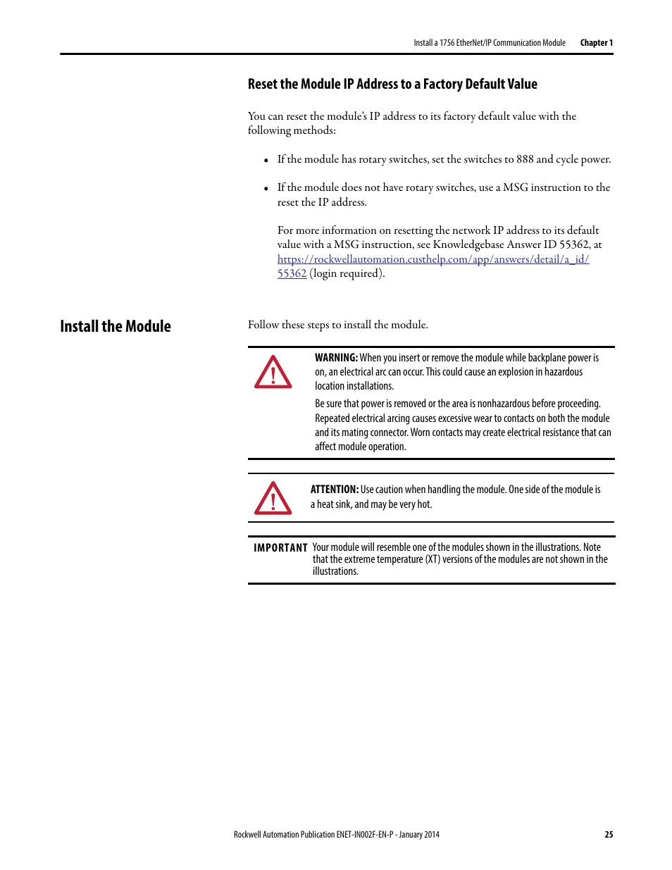 Install the module, Reset the module ip address to a factory default | Rockwell Automation 1756-Enxxx_Ewxxx EtherNet/IP Modules Installation Instructions User Manual | Page 25 / 104