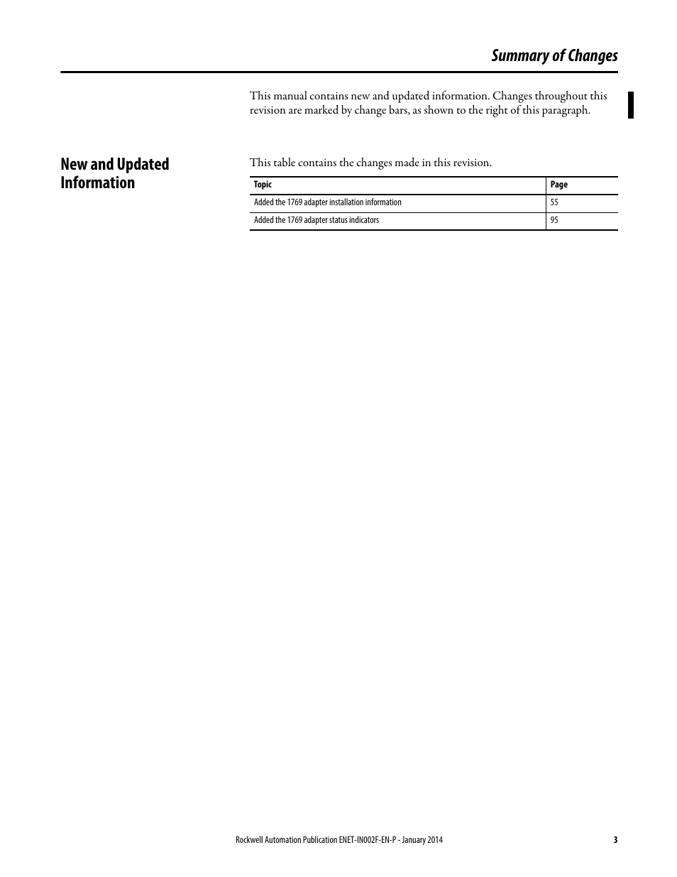Summary of changes, New and updated information | Rockwell Automation 1756-Enxxx_Ewxxx EtherNet/IP Modules Installation Instructions User Manual | Page 3 / 104