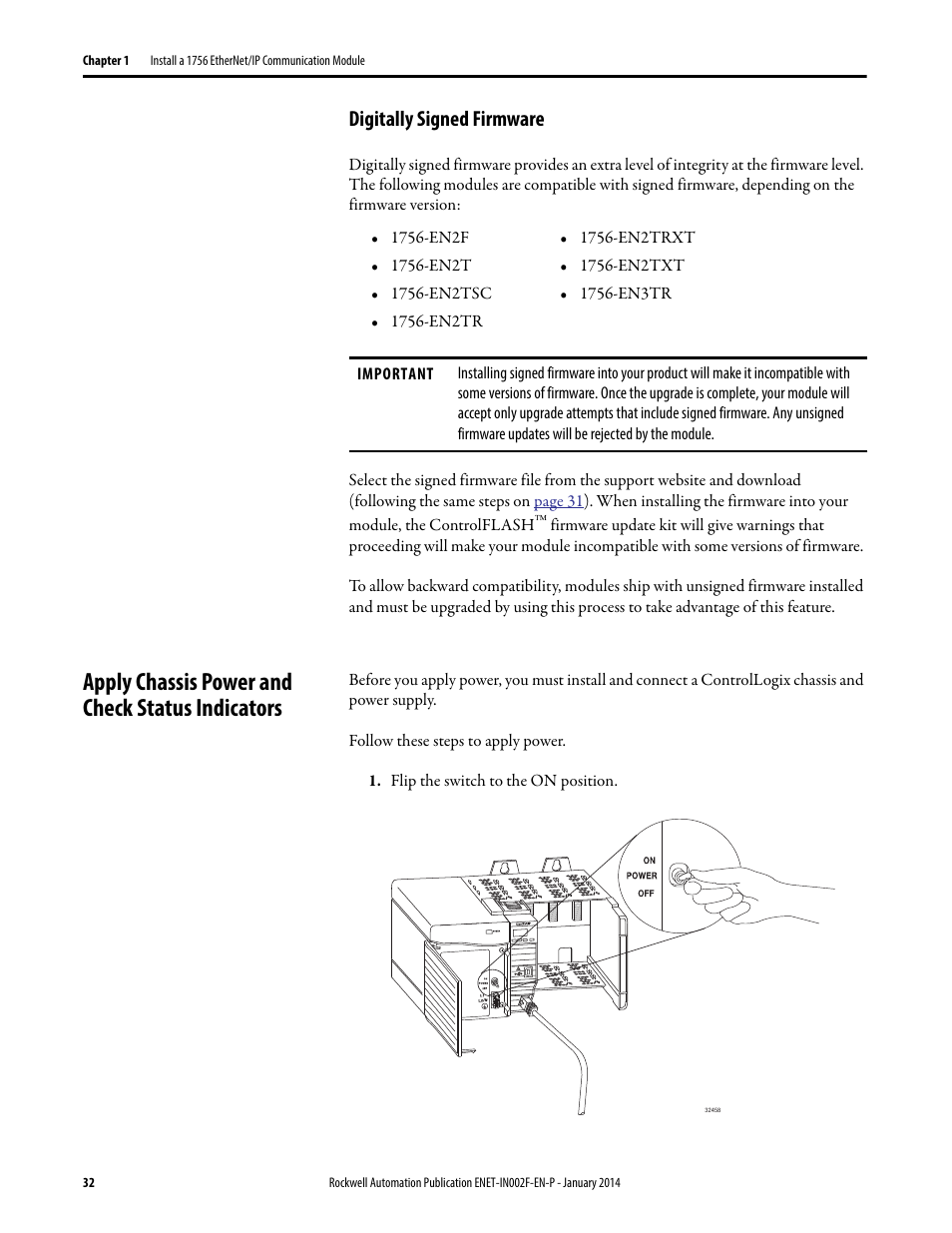Digitally signed firmware, Apply chassis power and check status indicators | Rockwell Automation 1756-Enxxx_Ewxxx EtherNet/IP Modules Installation Instructions User Manual | Page 32 / 104