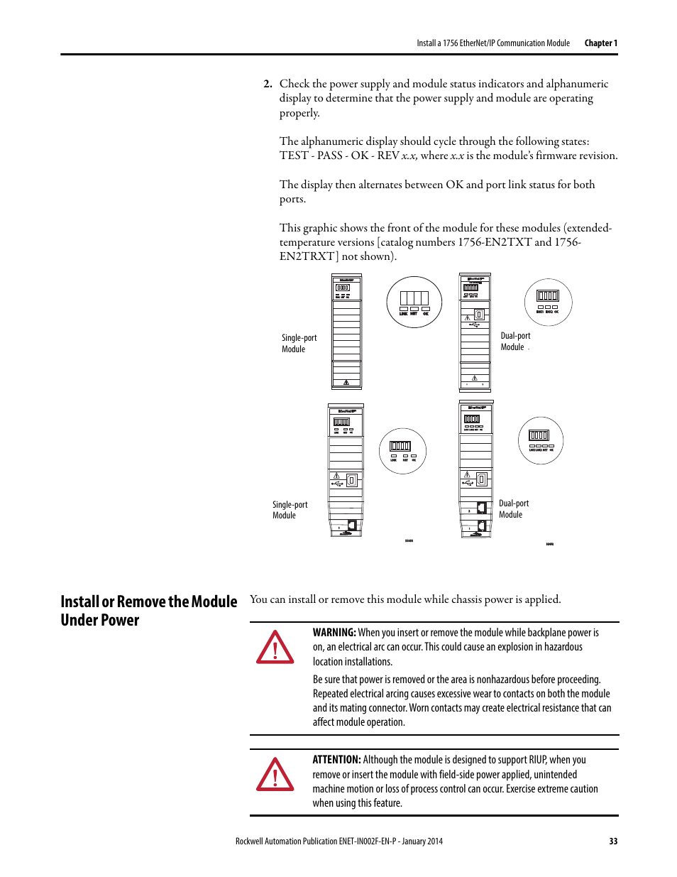Install or remove the module under power, Single-port module dual-port module | Rockwell Automation 1756-Enxxx_Ewxxx EtherNet/IP Modules Installation Instructions User Manual | Page 33 / 104