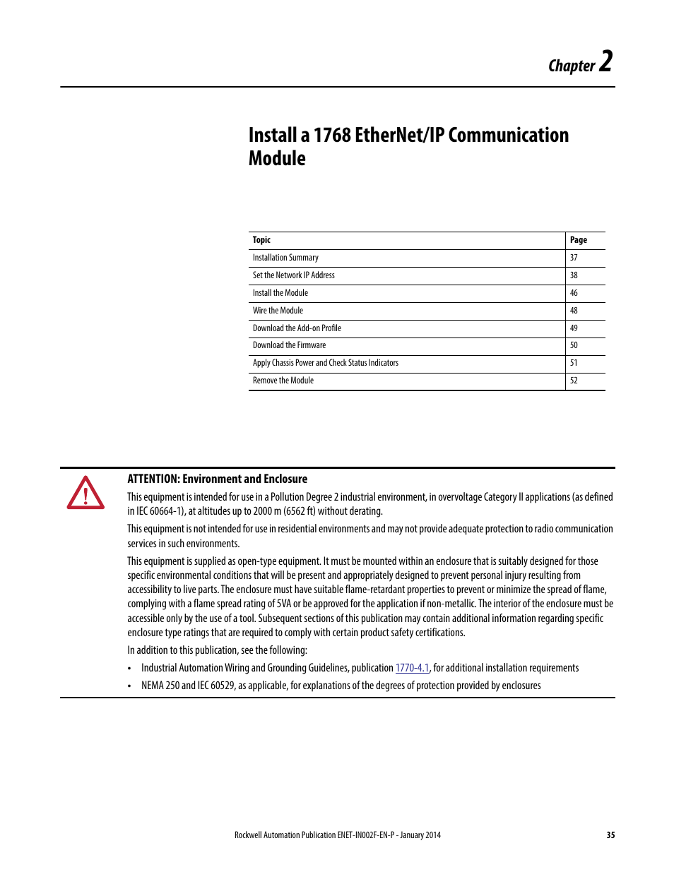 Chapter 2, Install a 1768 ethernet/ip communication module, Chapter | Rockwell Automation 1756-Enxxx_Ewxxx EtherNet/IP Modules Installation Instructions User Manual | Page 35 / 104