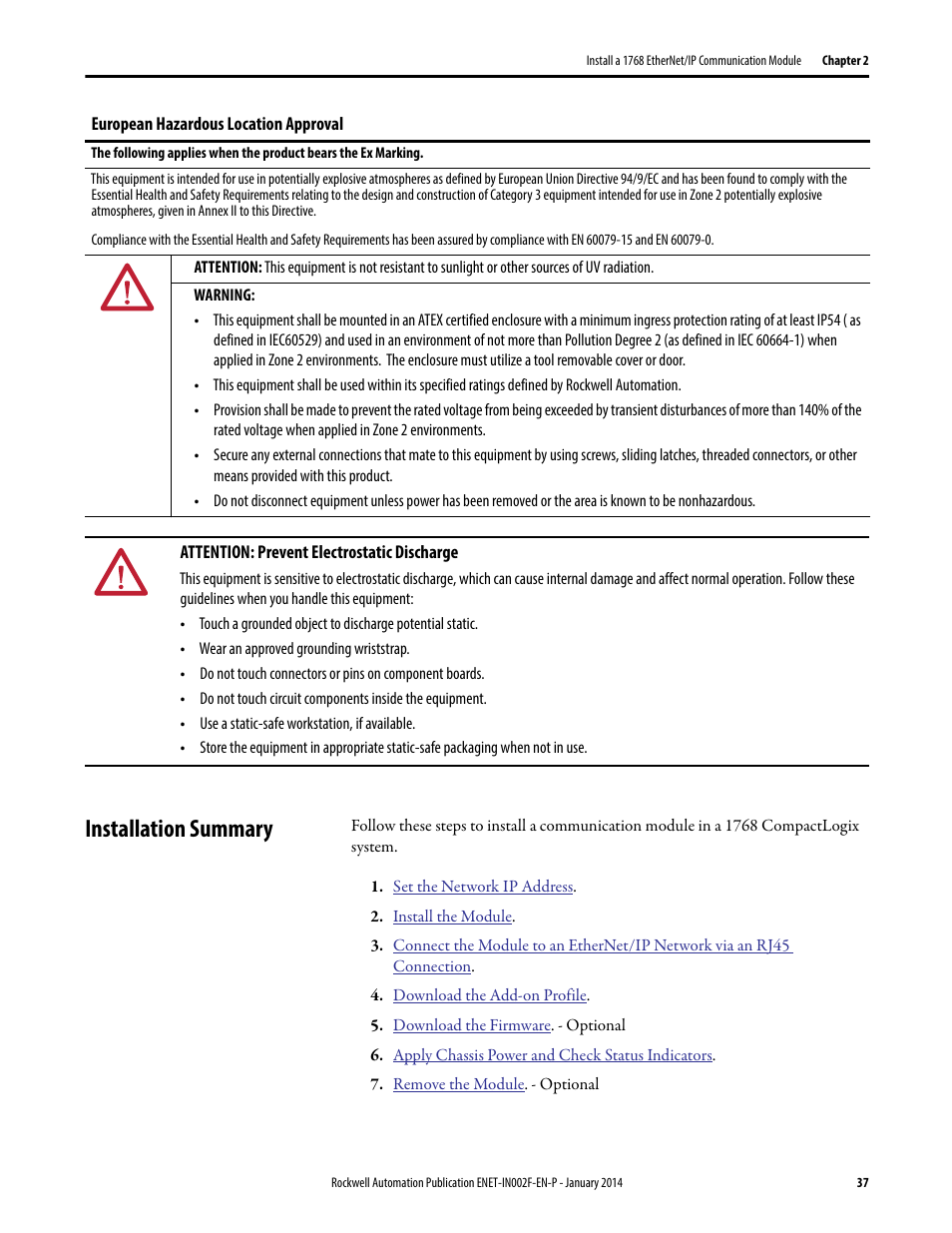 Installation summary | Rockwell Automation 1756-Enxxx_Ewxxx EtherNet/IP Modules Installation Instructions User Manual | Page 37 / 104