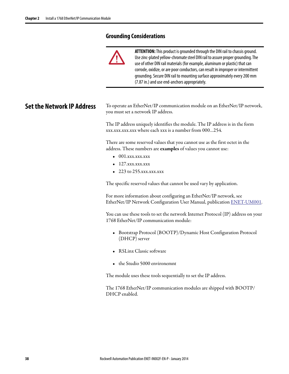 Grounding considerations, Set the network ip address | Rockwell Automation 1756-Enxxx_Ewxxx EtherNet/IP Modules Installation Instructions User Manual | Page 38 / 104