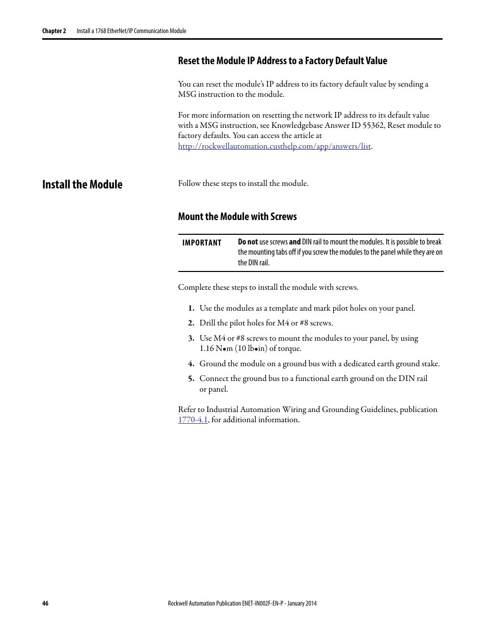 Install the module, Mount the module with screws, Reset the module ip address to a factory default | Rockwell Automation 1756-Enxxx_Ewxxx EtherNet/IP Modules Installation Instructions User Manual | Page 46 / 104