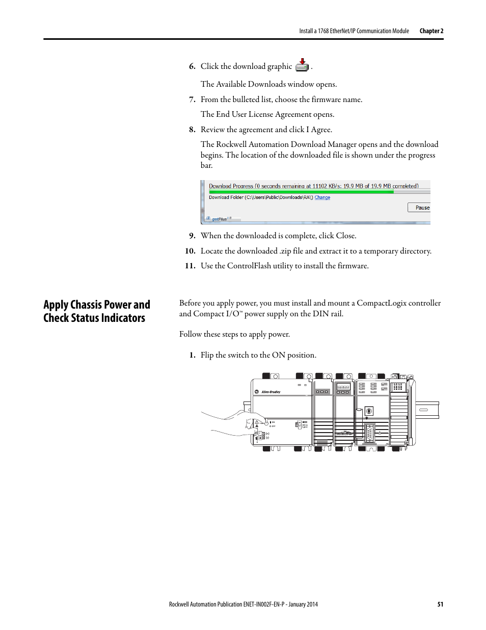 Apply chassis power and check status indicators | Rockwell Automation 1756-Enxxx_Ewxxx EtherNet/IP Modules Installation Instructions User Manual | Page 51 / 104