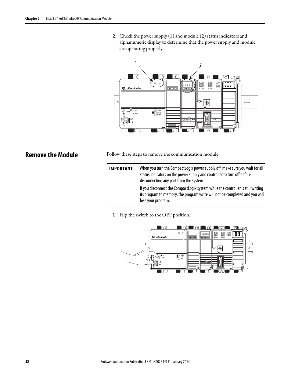 Remove the module | Rockwell Automation 1756-Enxxx_Ewxxx EtherNet/IP Modules Installation Instructions User Manual | Page 52 / 104