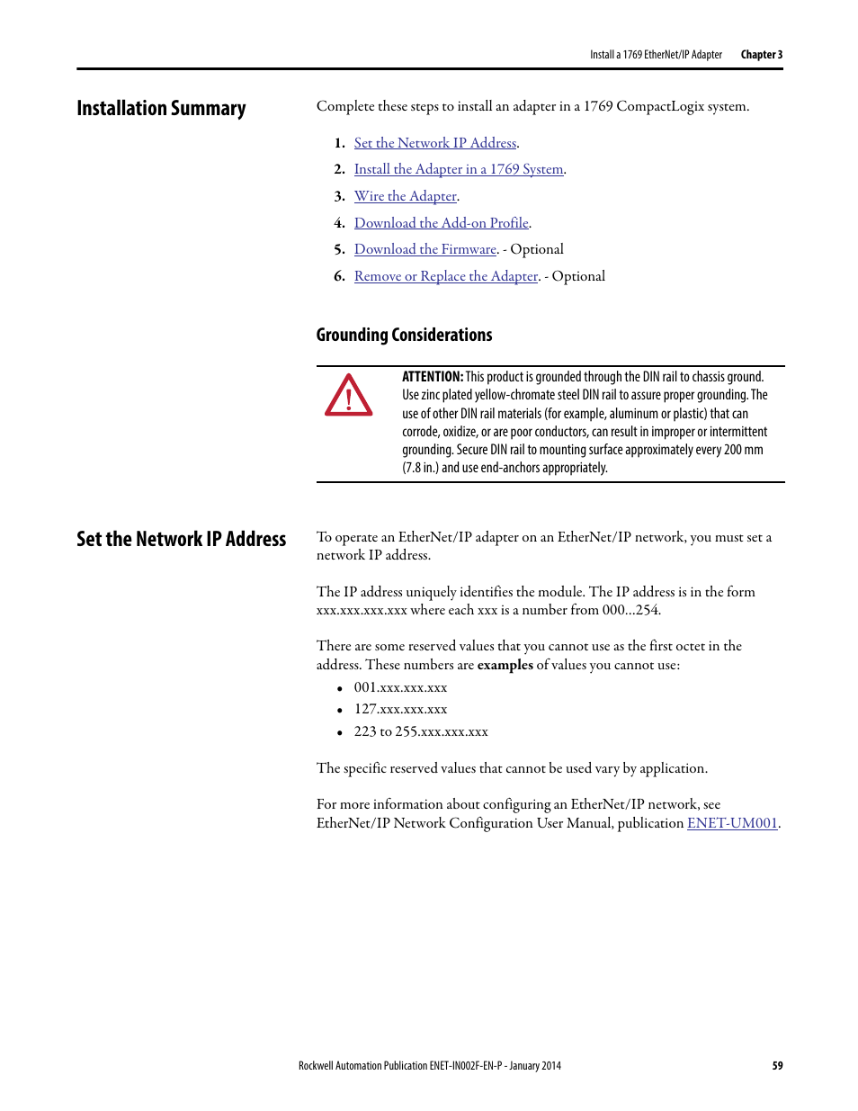 Installation summary, Grounding considerations, Set the network ip address | Rockwell Automation 1756-Enxxx_Ewxxx EtherNet/IP Modules Installation Instructions User Manual | Page 59 / 104