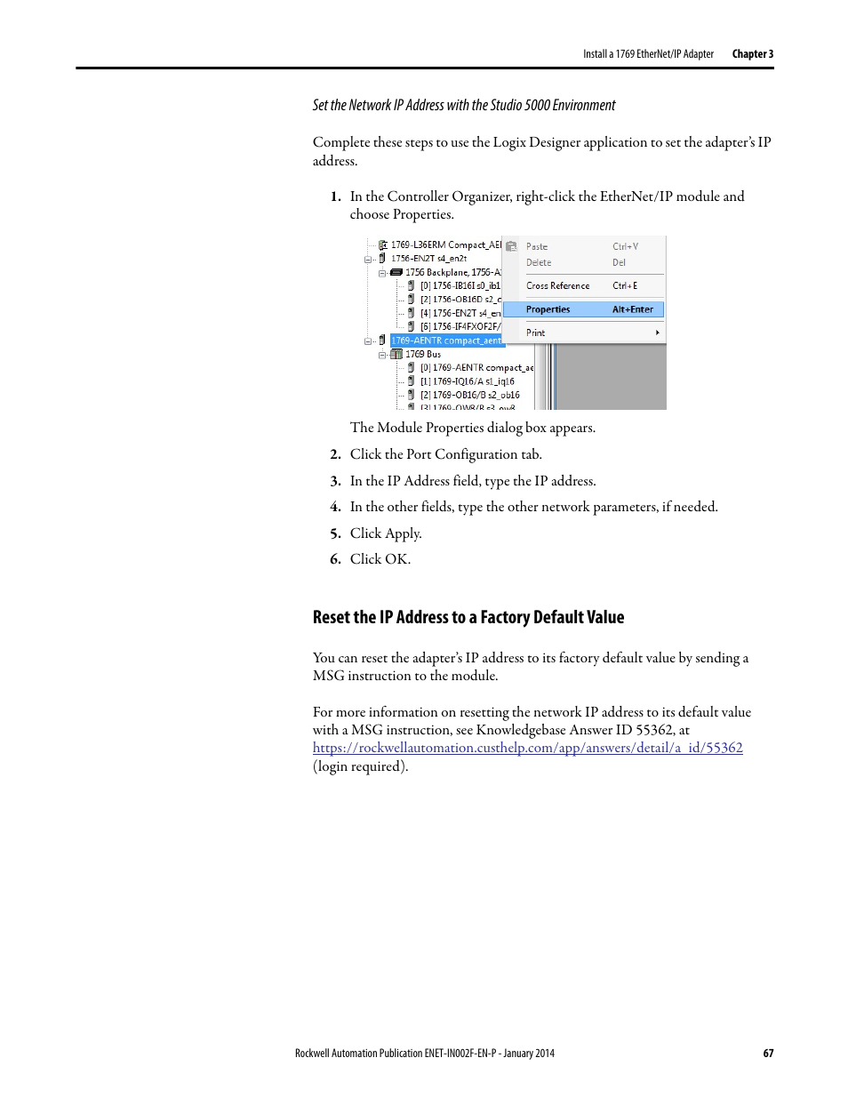 Reset the ip address to a factory default value | Rockwell Automation 1756-Enxxx_Ewxxx EtherNet/IP Modules Installation Instructions User Manual | Page 67 / 104