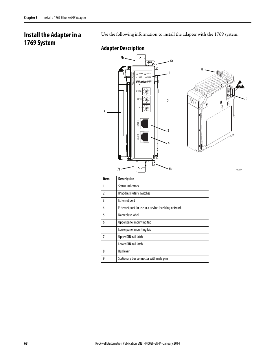 Install the adapter in a 1769 system, Adapter description | Rockwell Automation 1756-Enxxx_Ewxxx EtherNet/IP Modules Installation Instructions User Manual | Page 68 / 104