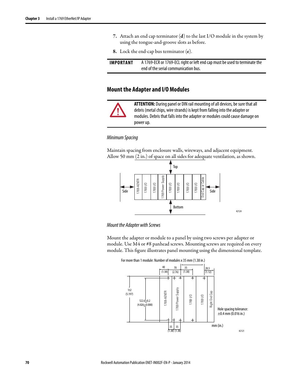 Mount the adapter and i/o modules, Minimum spacing, Mount the adapter with screws | Rockwell Automation 1756-Enxxx_Ewxxx EtherNet/IP Modules Installation Instructions User Manual | Page 70 / 104