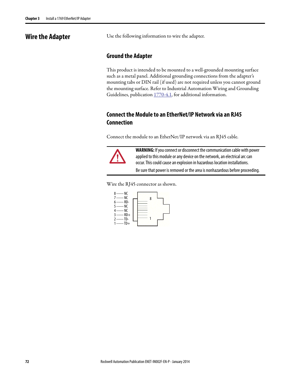 Wire the adapter, Ground the adapter | Rockwell Automation 1756-Enxxx_Ewxxx EtherNet/IP Modules Installation Instructions User Manual | Page 72 / 104
