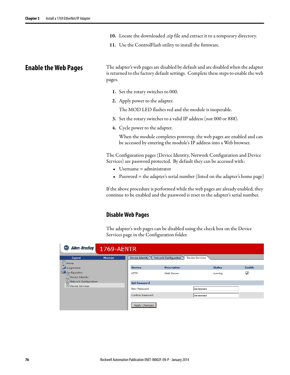 Enable the web pages, Disable web pages | Rockwell Automation 1756-Enxxx_Ewxxx EtherNet/IP Modules Installation Instructions User Manual | Page 76 / 104