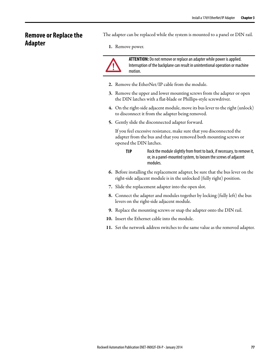 Remove or replace the adapter | Rockwell Automation 1756-Enxxx_Ewxxx EtherNet/IP Modules Installation Instructions User Manual | Page 77 / 104