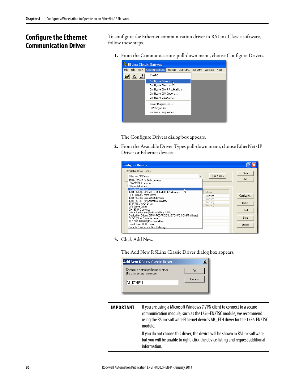 Configure the ethernet communication driver | Rockwell Automation 1756-Enxxx_Ewxxx EtherNet/IP Modules Installation Instructions User Manual | Page 80 / 104