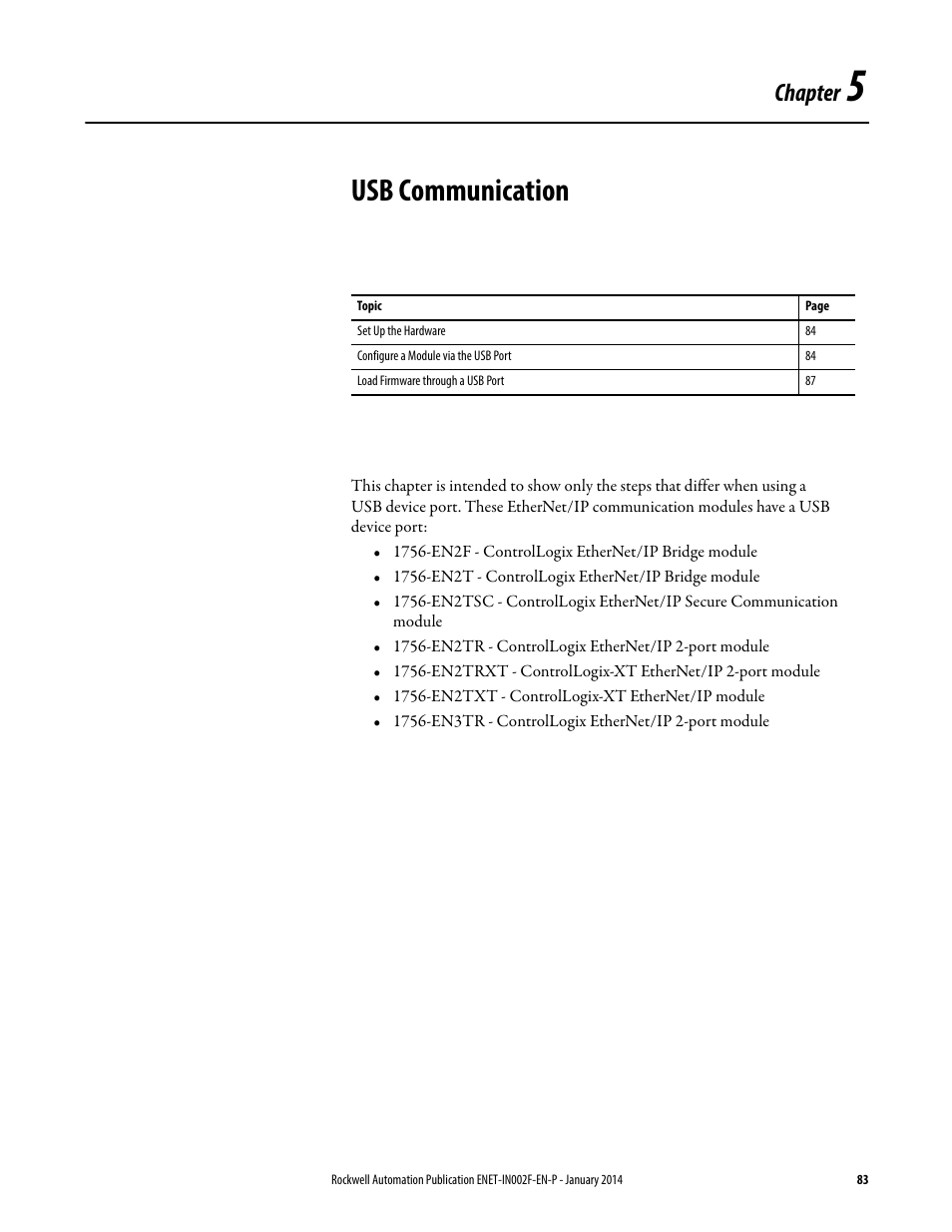 5 - usb communication, Chapter 5, Usb communication | E chapter 5, Chapter | Rockwell Automation 1756-Enxxx_Ewxxx EtherNet/IP Modules Installation Instructions User Manual | Page 83 / 104