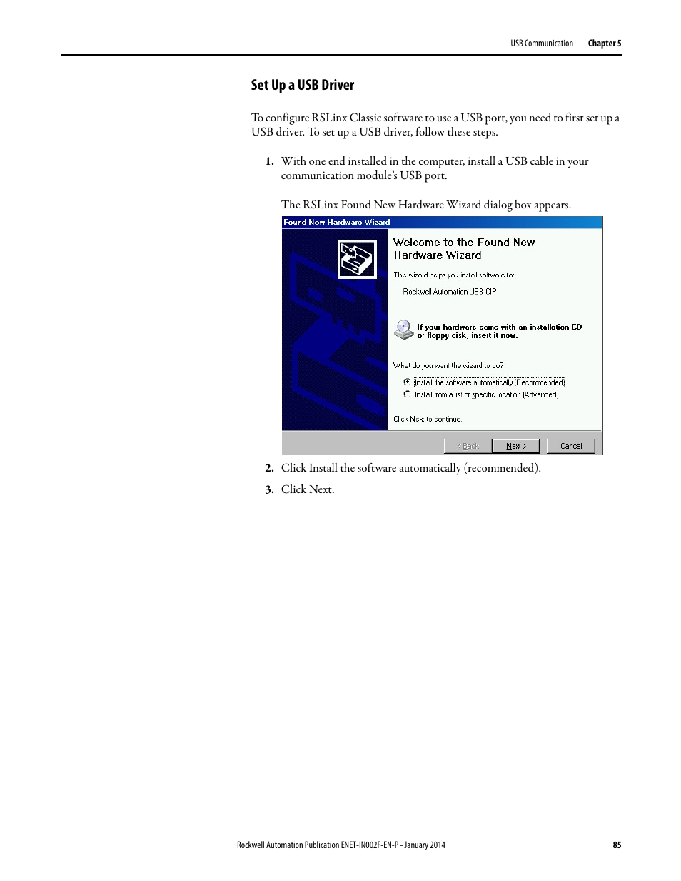 Set up a usb driver | Rockwell Automation 1756-Enxxx_Ewxxx EtherNet/IP Modules Installation Instructions User Manual | Page 85 / 104