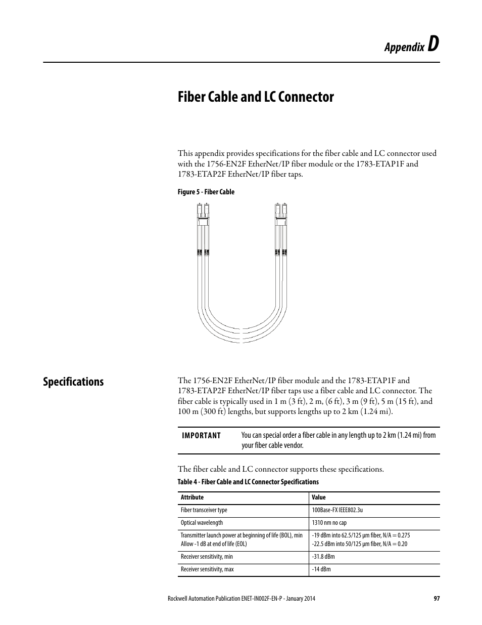 D - fiber cable and lc connector, Specifications, Appendix d | Fiber cable and lc connector, Appendix | Rockwell Automation 1756-Enxxx_Ewxxx EtherNet/IP Modules Installation Instructions User Manual | Page 97 / 104