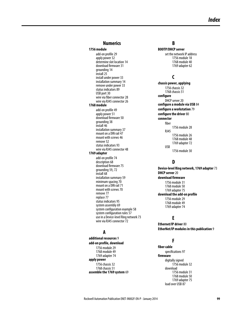 Index, Numerics | Rockwell Automation 1756-Enxxx_Ewxxx EtherNet/IP Modules Installation Instructions User Manual | Page 99 / 104