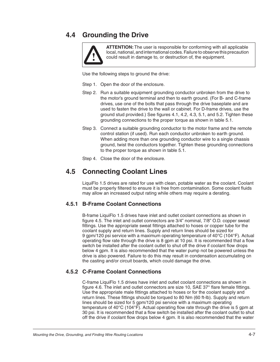 4 grounding the drive, 5 connecting coolant lines | Rockwell Automation Liqui-Flo 1.5 AC Power Modules V1.2 User Manual | Page 35 / 74