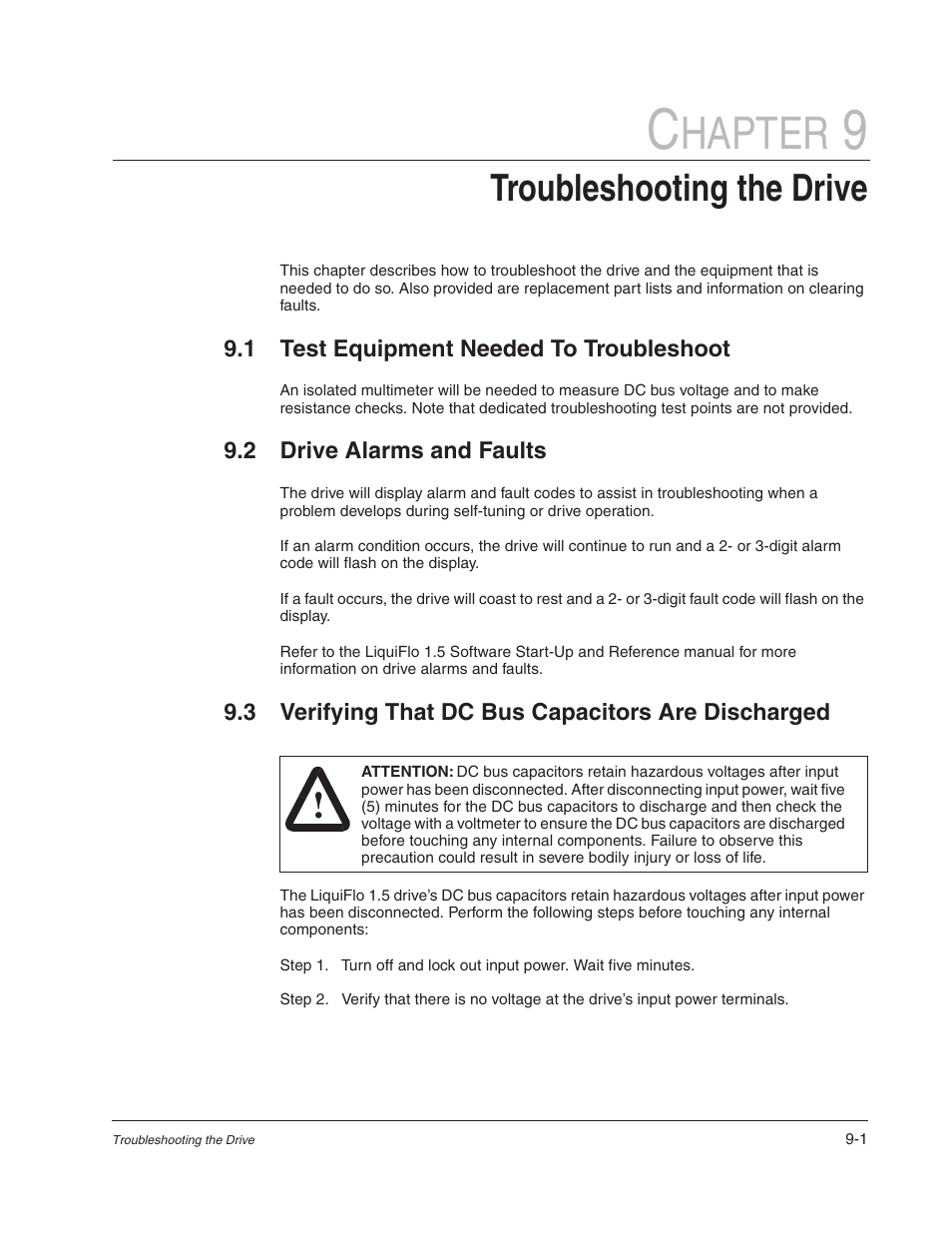 Chapter 9 - troubleshooting the drive, Hapter, Troubleshooting the drive | Rockwell Automation Liqui-Flo 1.5 AC Power Modules V1.2 User Manual | Page 53 / 74