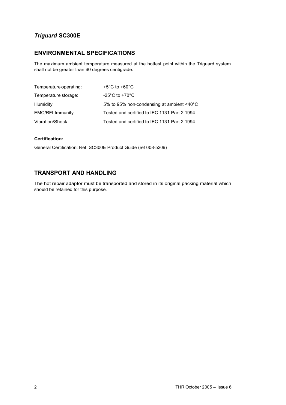 Triguard sc300e environmental specifications, Transport and handling | Rockwell Automation THR Hot Repair Adaptor User Manual | Page 2 / 7