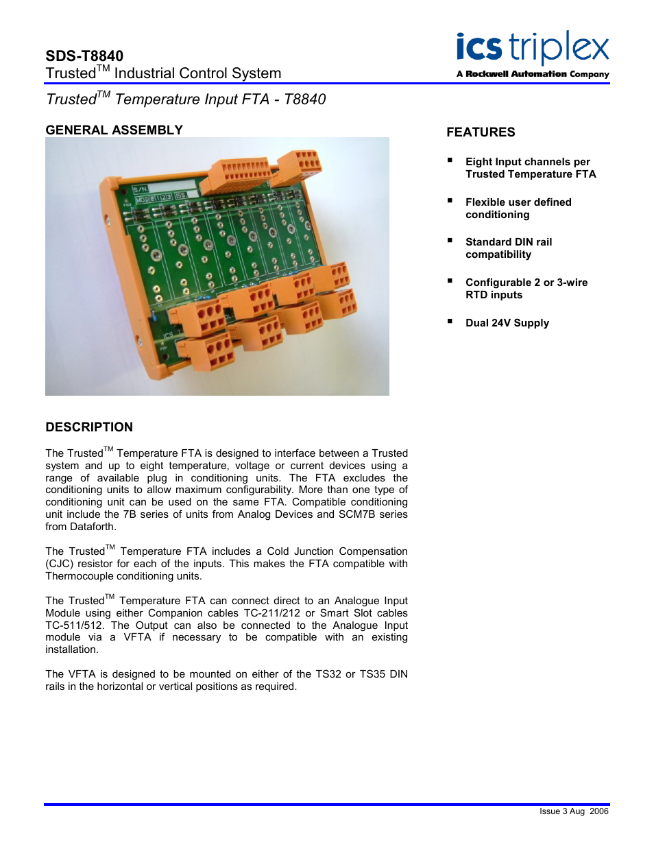 Rockwell Automation T8840 Trusted Temperature Input FTA User Manual | 2 pages