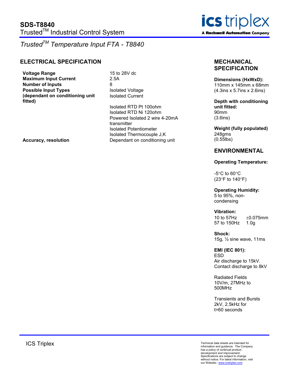 Electrical specification, Sds-t8840 trusted, Industrial control system trusted | Temperature input fta - t8840 | Rockwell Automation T8840 Trusted Temperature Input FTA User Manual | Page 2 / 2