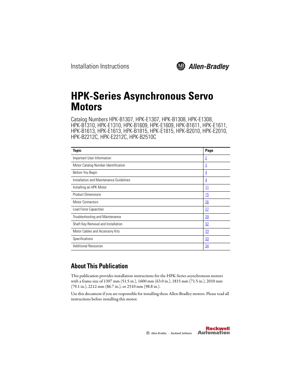 Rockwell Automation HPK-Series Asynchronous Servo Motor User Manual | 36 pages