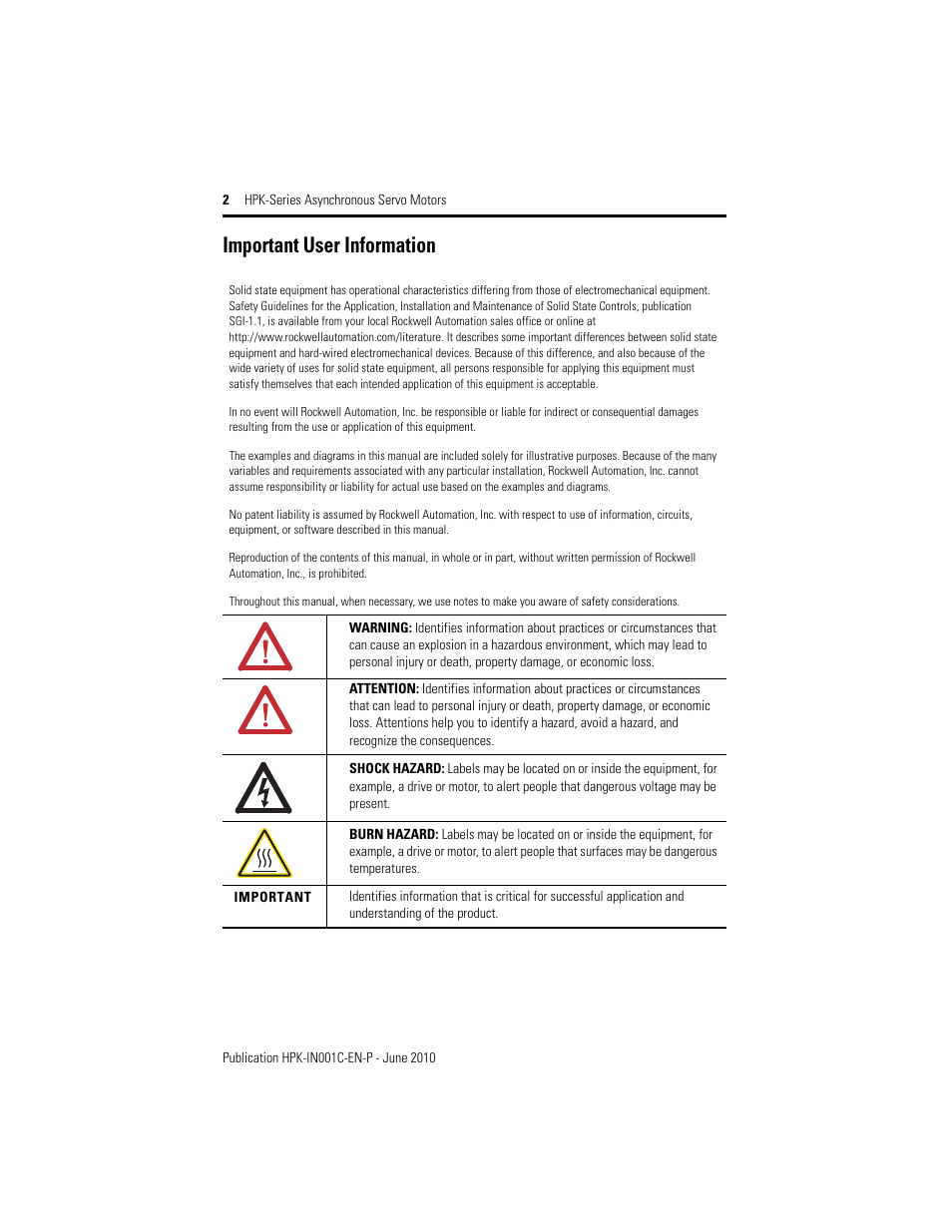 Important user information | Rockwell Automation HPK-Series Asynchronous Servo Motor User Manual | Page 2 / 36