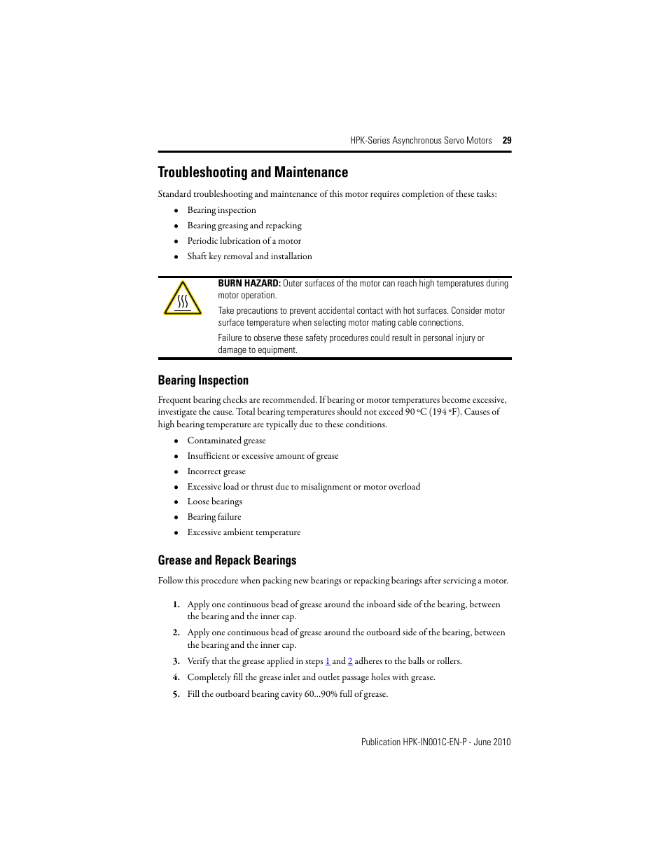 Troubleshooting and maintenance, Bearing inspection, Grease and repack bearings | Rockwell Automation HPK-Series Asynchronous Servo Motor User Manual | Page 29 / 36