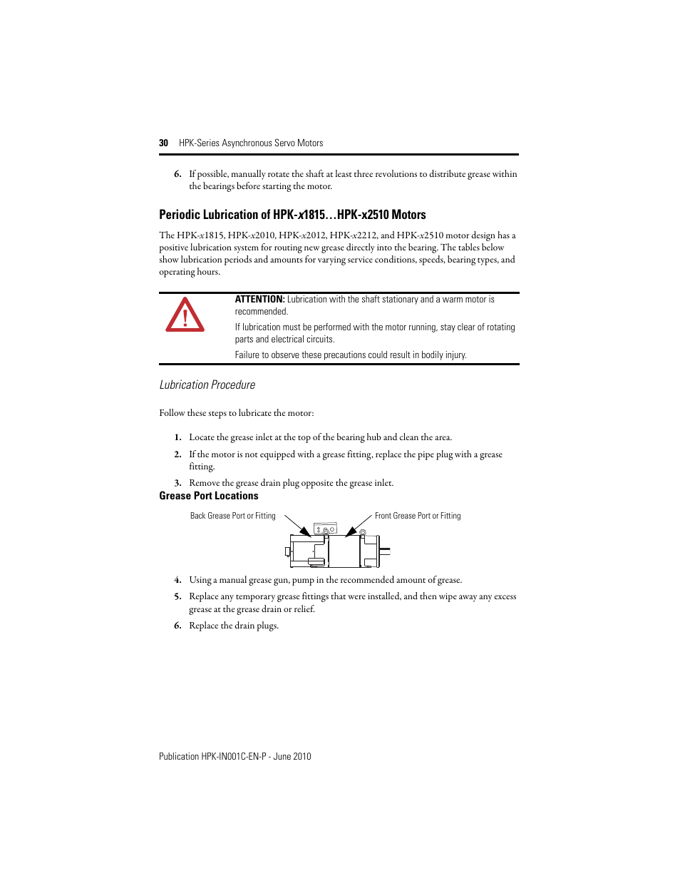 Periodic lubrication of hpk-x1815…hpk-x2510 motors | Rockwell Automation HPK-Series Asynchronous Servo Motor User Manual | Page 30 / 36