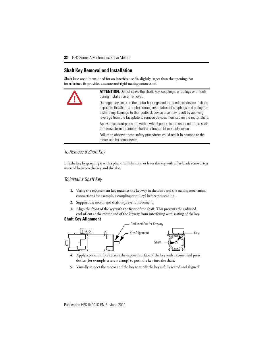 Shaft key removal and installation | Rockwell Automation HPK-Series Asynchronous Servo Motor User Manual | Page 32 / 36