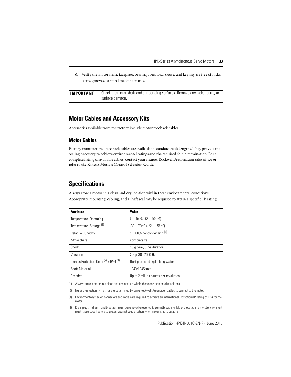 Motor cables and accessory kits, Motor cables, Specifications | Rockwell Automation HPK-Series Asynchronous Servo Motor User Manual | Page 33 / 36