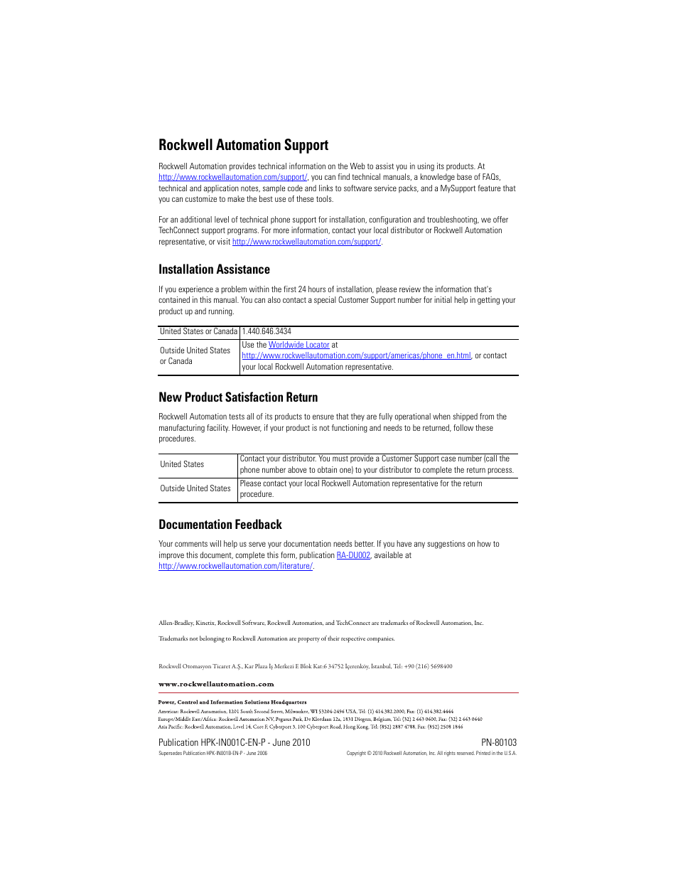 Rockwell automation support, Installation assistance, New product satisfaction return | Documentation feedback | Rockwell Automation HPK-Series Asynchronous Servo Motor User Manual | Page 36 / 36