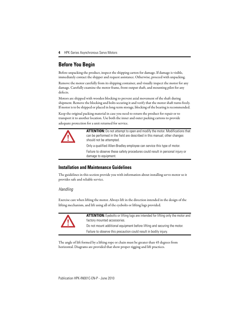 Before you begin, Installation and maintenance guidelines | Rockwell Automation HPK-Series Asynchronous Servo Motor User Manual | Page 4 / 36