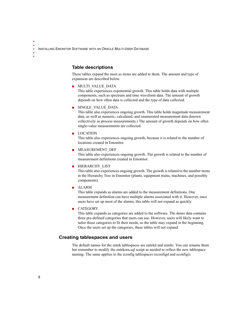 Table descriptions, Creating tablespaces and users | Rockwell Automation Emonitor with an Oracle Multi-User Database User Manual | Page 12 / 42