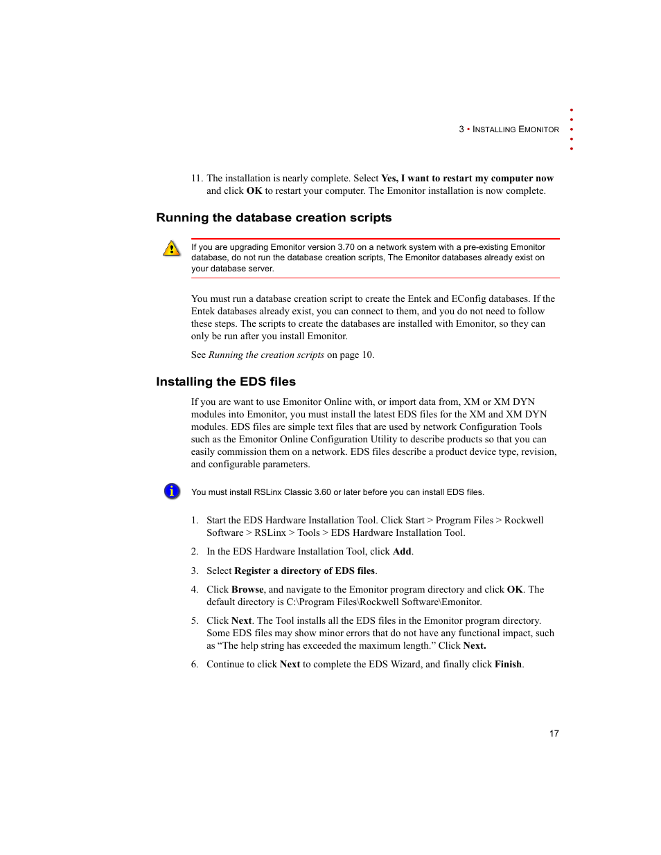 Running the database creation scripts, Installing the eds files | Rockwell Automation Emonitor with an Oracle Multi-User Database User Manual | Page 21 / 42