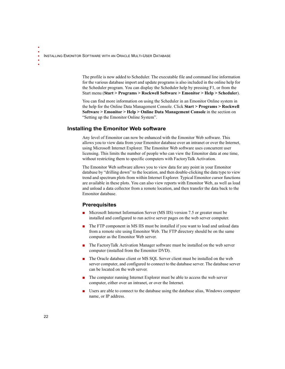 Installing the emonitor web software, Prerequisites | Rockwell Automation Emonitor with an Oracle Multi-User Database User Manual | Page 26 / 42