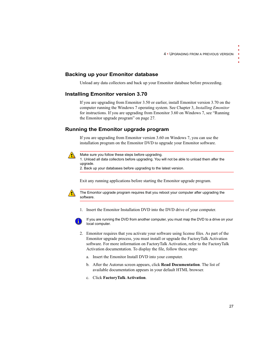 Backing up your emonitor database, Installing emonitor version 3.70, Running the emonitor upgrade program | Rockwell Automation Emonitor with an Oracle Multi-User Database User Manual | Page 31 / 42