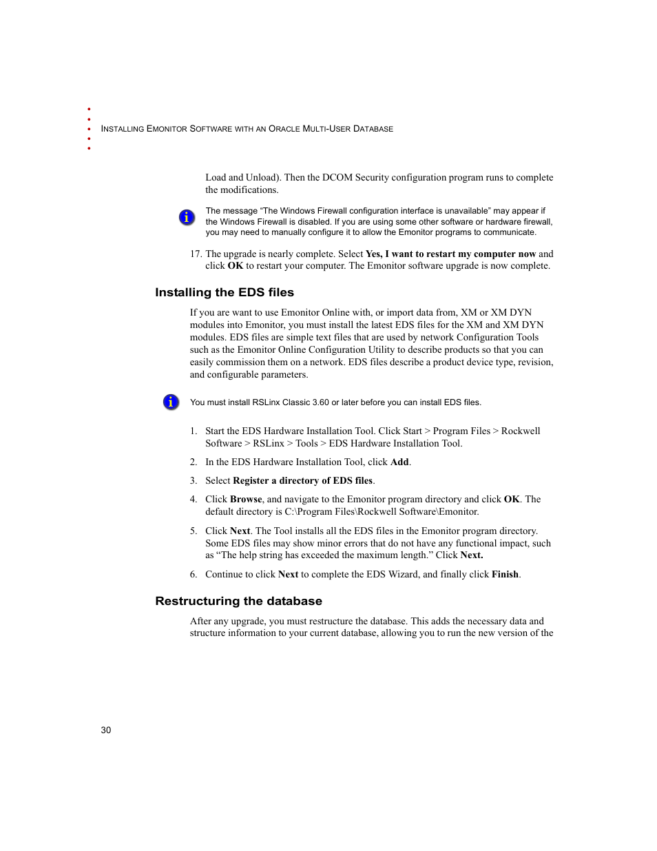Installing the eds files, Restructuring the database | Rockwell Automation Emonitor with an Oracle Multi-User Database User Manual | Page 34 / 42